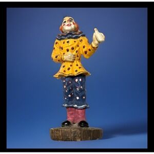 Vintage Hand-Painted Clown Figurine‎ Yellow Polka Dot Shirt Blue Pants 4 inches